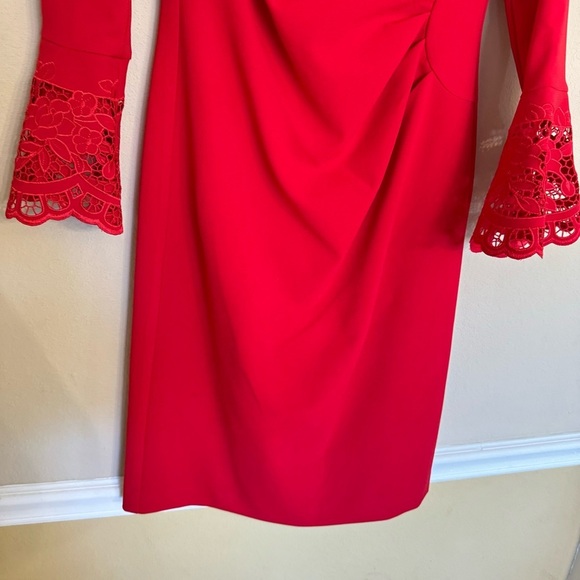 Teri Jon by Rickie Freeman Red Bell-Sleeve Crepe Sheath Dress Size 10 - Picture 9 of 16